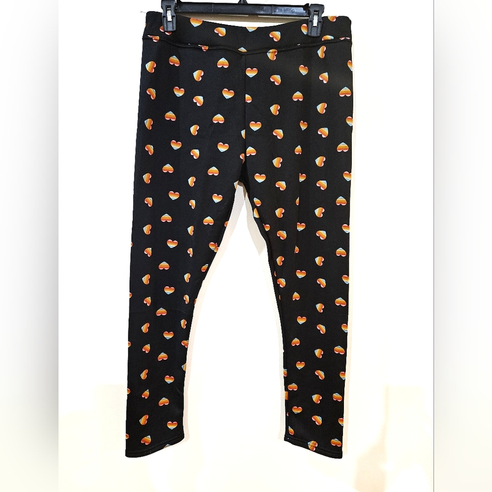 NWT Serra Women's Sz XL Black Super Soft Fleece Lined Leggings w/ Rainbow Hearts